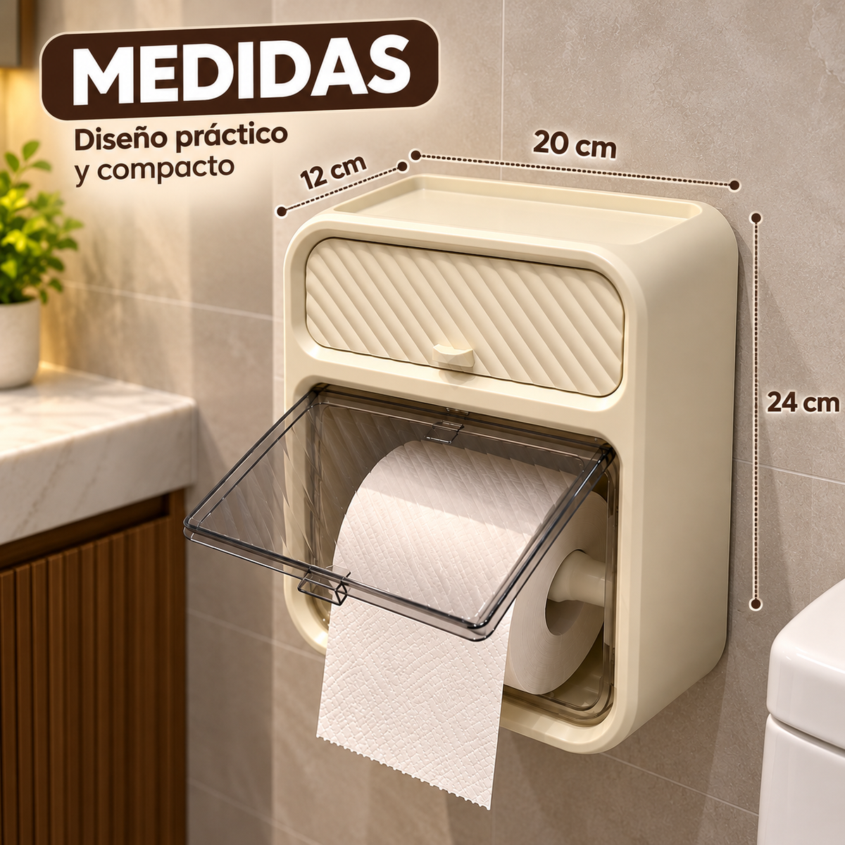 Dispensador de Papel Higiénico Multifuncional con Tapa y Repisa