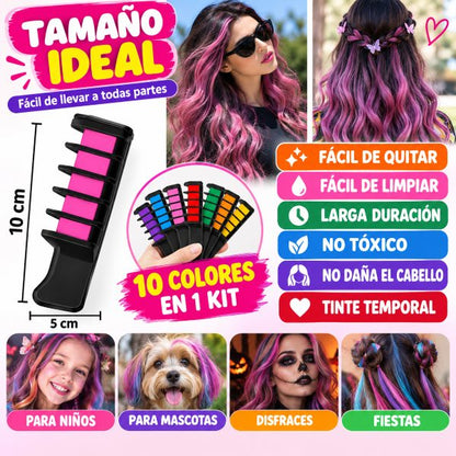 Peine de Tiza para Cabello 10 Colores 🌈color rápido y temporal.