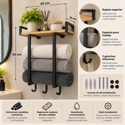 Toallero Organizador de Baño con Repisa de Madera y Ganchos