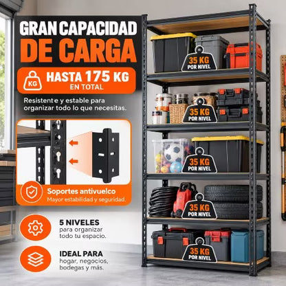 Rack Organizador Metálico de 5 Niveles con Repisas Tipo Madera – Hasta 175 kg