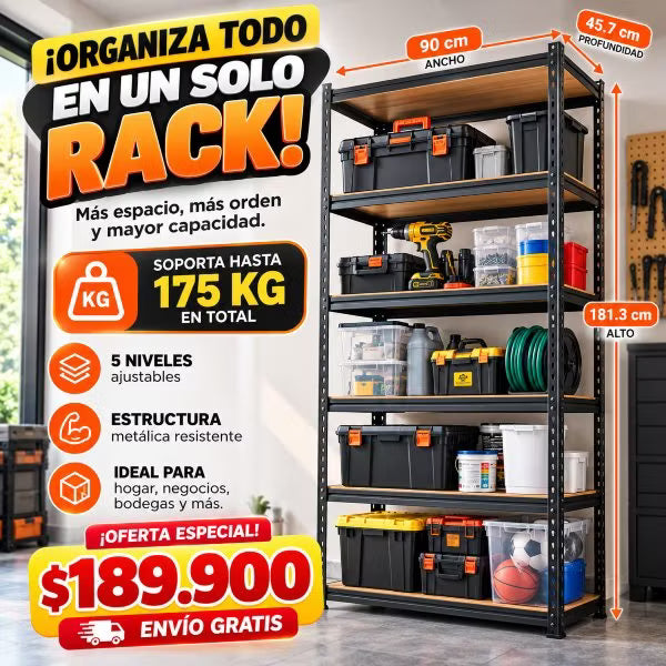 Rack Organizador Metálico de 5 Niveles con Repisas Tipo Madera – Hasta 175 kg