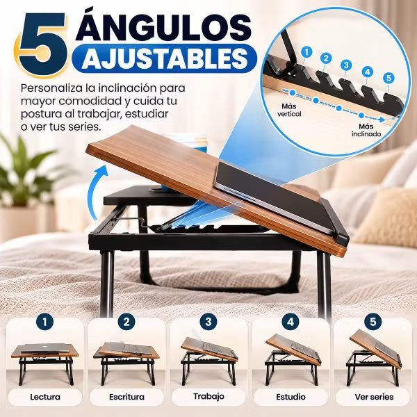 Mesa Plegable Ajustable para Portátil con Portavasos | Ideal para Cama y Sofá