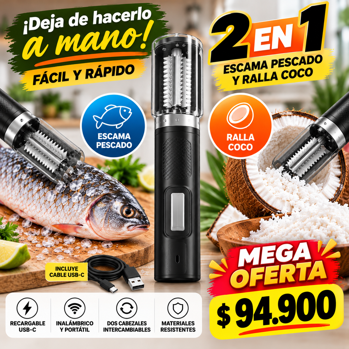 2 en 1 Escamador y pelador de coco electrico