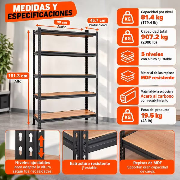 Rack Organizador Metálico de 5 Niveles con Repisas Tipo Madera – Hasta 175 kg