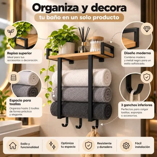 Toallero Organizador de Baño con Repisa de Madera y Ganchos