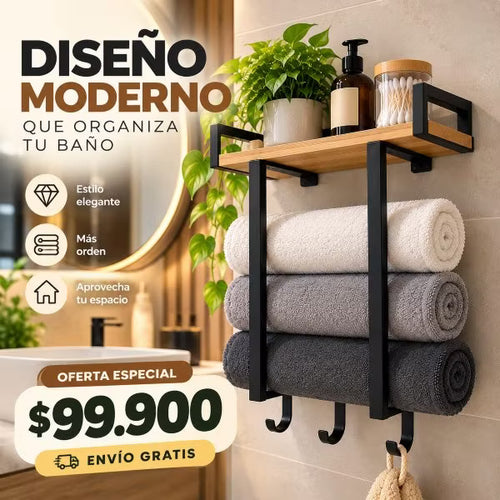 Toallero Organizador de Baño con Repisa de Madera y Ganchos