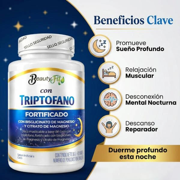Triptófano BeautyFit | 100  Masticables Sabor Coco|Descanso, Relajación y Bienestar