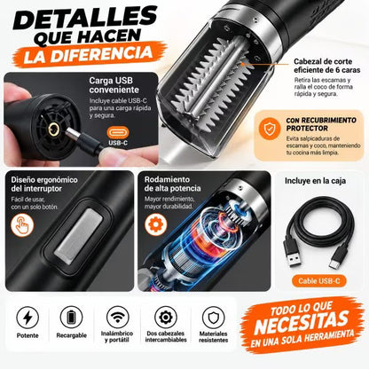 2 en 1 Escamador y pelador de coco electrico