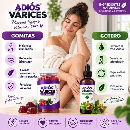 ADIÓS VÁRICES | 60 Gomitas + Gotero -Bienestar y cuidado para tus piernas