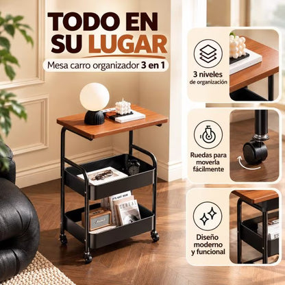 Mesa Auxiliar Organizadora de 3 Niveles con Ruedas – Diseño Moderno 🏡