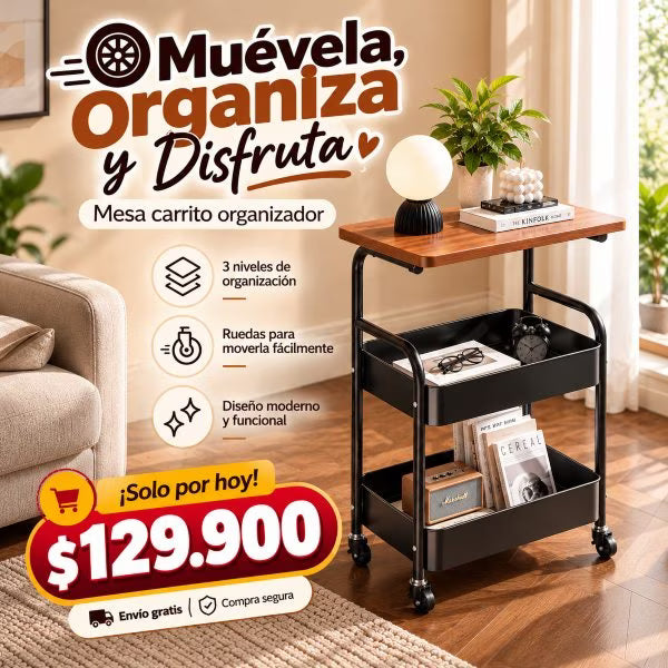 Mesa Auxiliar Organizadora de 3 Niveles con Ruedas – Diseño Moderno 🏡