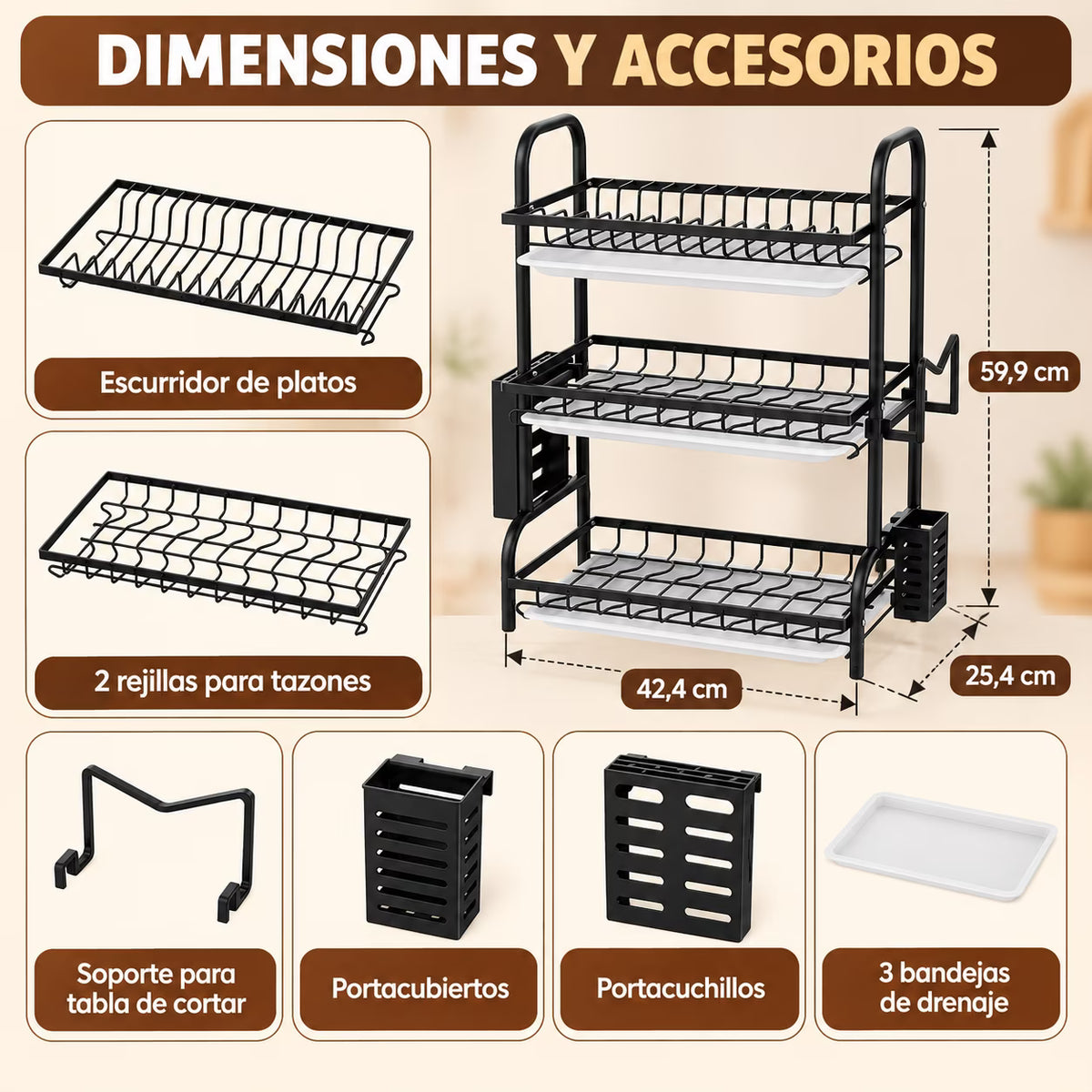 Más espacio, más orden: Escurridor de Platos 3 Niveles