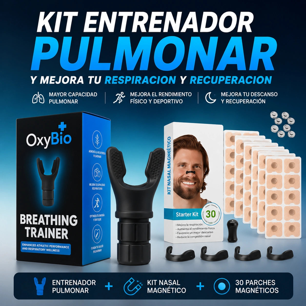 KIT Entrenador pulmonar + Kit Dilatador Nasal Magnético Viral - Mejora tu respiración!