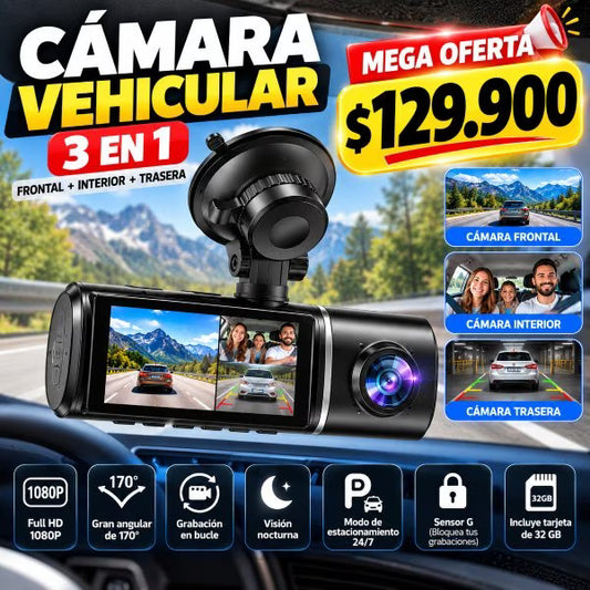 Cámara DVR Vehicular 3 en 1 Full HD 1080P 🚗📹