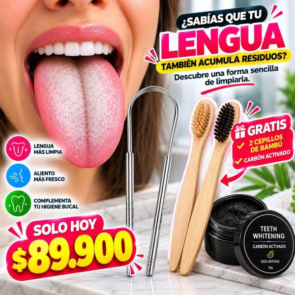 👉 Kit Raspador Lingual + 2 Cepillos de Bambú + Carbón Activado GRATIS